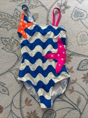 BODEN | Girls' 9-10Y Blue & White Wave One-Piece Swimsuit with Starfish